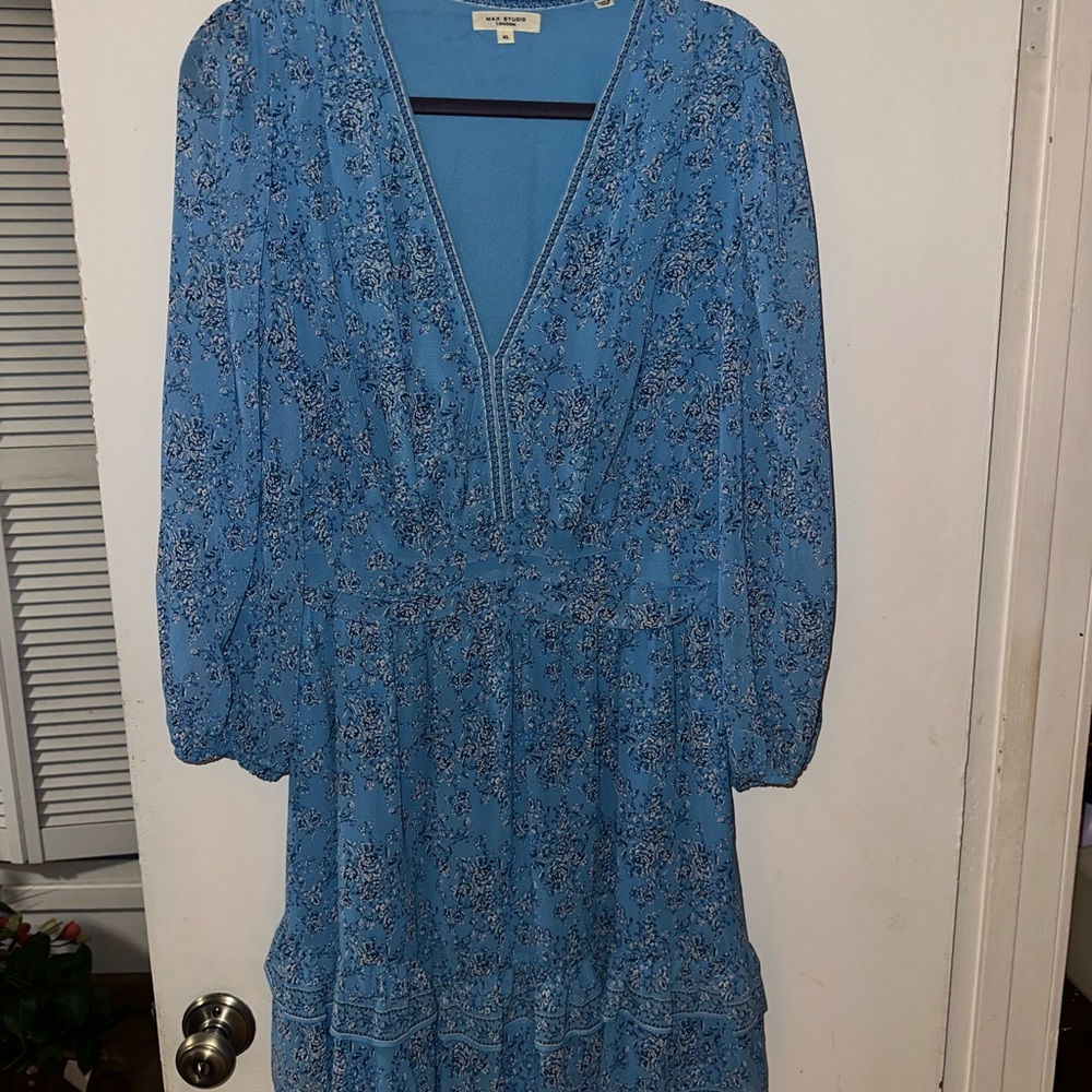 Max Studio Blue Ruffled Tiered Sundress with Bishop Sleeves